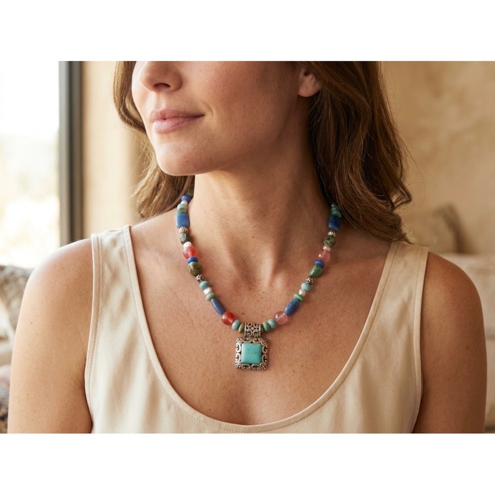 Sterling Silver 925 Turquoise Signed PSD Thailand Multi-Stone‎ Beaded Necklace